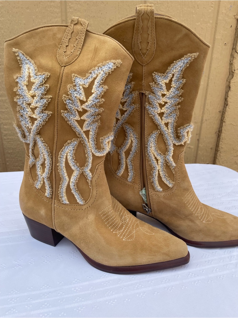 Dolce Vita Tan Suede Embroidered Western Heeled Boots